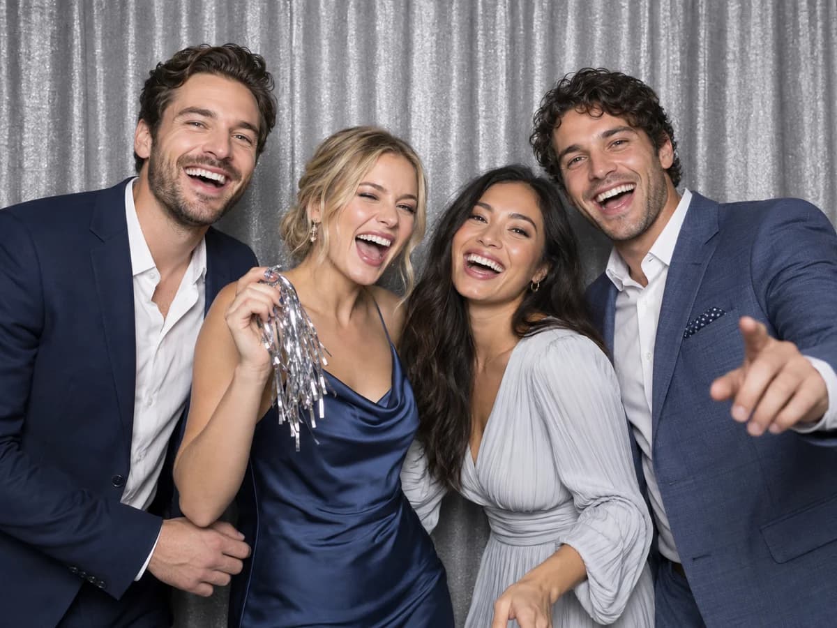Four friends laughing together in a sample photo booth portrait.