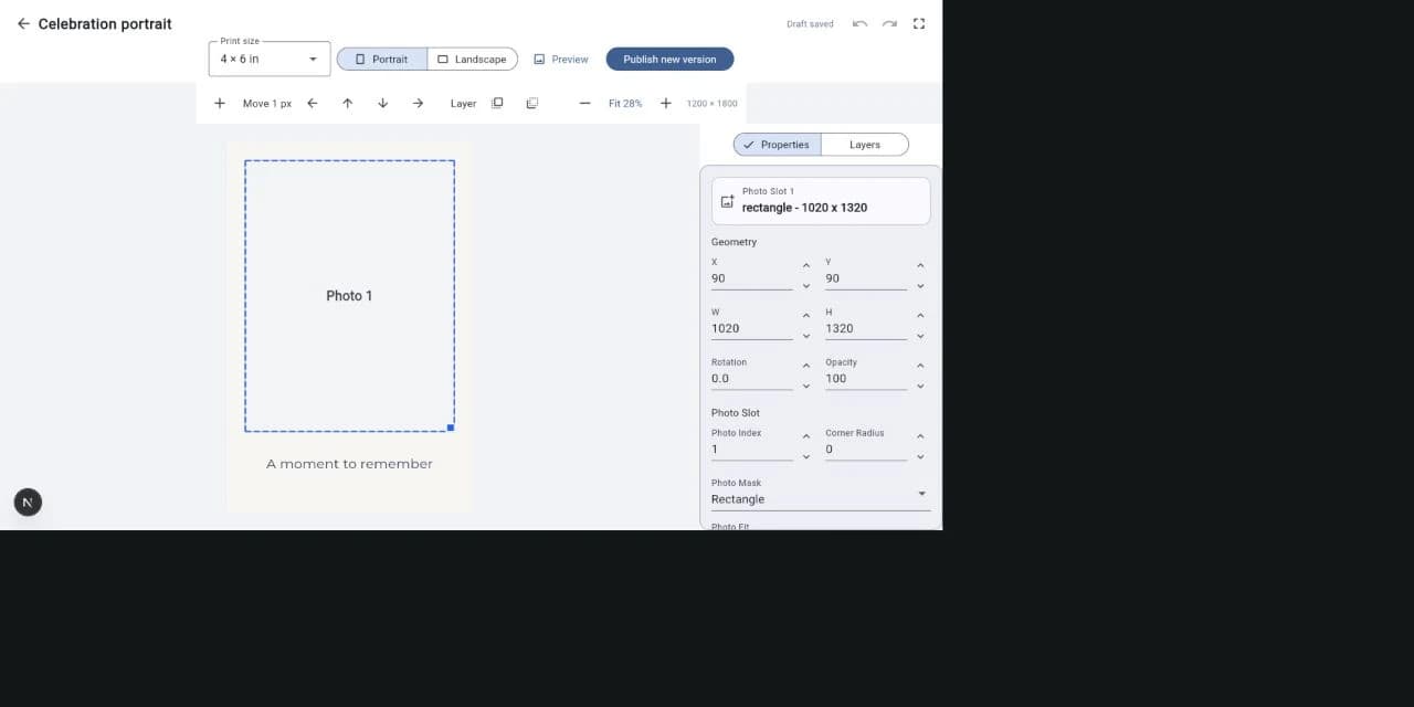 Boothio's template editor with a 4 by 6 inch layout, paper orientation, touch movement controls and object properties.